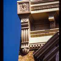 Color slide of detail view of cornice, brackets, dentils, frieze and bay window at 829 Garden between 8th and 9th