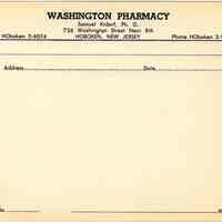 Blank printed prescription form from Washington Pharmacy, 736 Washington Street, Hoboken, no date, ca. 1950-1960.