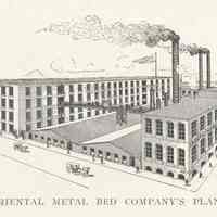 Printed B+W photograph of line drawing of Oriental Metal Bed Company, Clinton, Eighth & Grand Streets, Hoboken, no date, ca. 1906-1908.