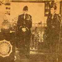 Digital image of printed newspaper photo Veterans Day ceremony at Elysian Park monument, Hoboken, no date, circa 1955-1956.