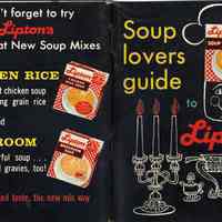Soup Lovers Guide to Lipton. Issued by Thomas J. Lipton, Inc, Hoboken, N.J. No date, ca. 1960-1964.