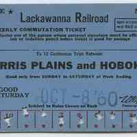 Ticket, transportation: Lackawanna Railroad, 12-trip Weekly Commutation Ticket between Morris Plains & Hoboken; Not Good after Oct. 8, 1960.