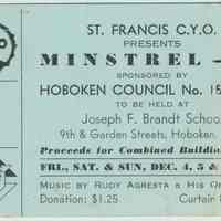 Entry ticket for Minstrel - 59, Presented by St. Francis C.Y.O., at Brandt School, Hoboken, Dec., 1959.