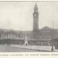 Printed B+W photograph of Delaware, Lackawanna and Western Terminal, Hoboken, no date, ca. 1906-1908.