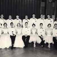 Digital image of B+W group photo of members of the Class of 1955 in formal wear, Stevens Hoboken Academy, Union Club, Hoboken, June 9, 1955.