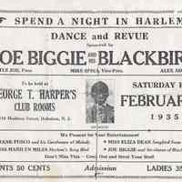 Handbill: Spend a Night in Harlem Dance and Revue, Joe Biggie & His Blackbirds, Hoboken, Feb.2(?), 1935.