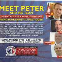 Political handbill: Meet Peter [Cammarano] and his Team. Sunday June 7th [2009], Columbus Park, 10th & Clinton Streets (Hoboken.)