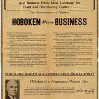 Ad, newspaper: HOBOKEN Means BUSINESS. Board of Commissioners, Hoboken; Jersey Journal, Oct. 4, 1946.