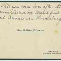 Engraved calling card of Mrs. H. Otto Wittpenn with holographic ink note, Hoboken, no date, ca. 1925.