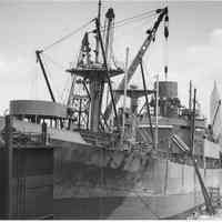 B+W photo of funnel repair in progress to the S.S. Santa Cruz, June, 1942