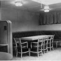 B+W photo of interior view of lounge on a passenger vessel, Hoboken, ca. 1940