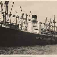 B+W photo of S.S. Exchester of American Export Lines at a Hoboken pier, Jan. 1949.