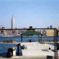 Color photo of fishing pier & riverfront walkway under construction near 8th St. & Frank Sinatra Dr., Hoboken, Dec. 2001.