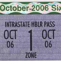 Monthly ticket: Intrastate HBLR PASS 1 Zone (Hudson-Bergen Light Rail system), October 2006.