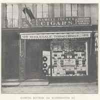 Printed B+W photograph of Samuel Zucker Cigars, retail & wholesale tobacconist, 126 Washington St., Hoboken, no date, ca. 1906-1908.