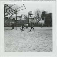 B+W photo of a baseball game at the high school sports field, Hoboken, no date, ca. 1950.