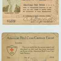 Two identification cards for Mary H. Markey (Mrs. Frank P. Markey): Headquarters, Port of Embarkation; American Red Cross Canteen Escort. 1918-19.