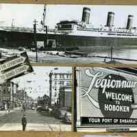 Photos, 4, related to S.S. Leviathan & American Legion members travelling to France for commemoration of World War I, Hoboken, n.d., probably 1937.