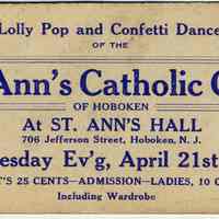 Printed ticket to the Lolly Pop & Confetti Dance of St. Ann