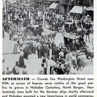 Reference image: Crowds lining Washington Street near Fifth St. as hearses carry 1900 pier fire victims to the Hoboken Cemetery, July, 1900.