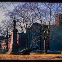          Color slide of eye-level view of the Civil War Monument on the west side of Stevens Park with Saints Peter & Paul Catholic church across the street picture number 1
   