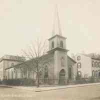 Sepia-tone photo of exterior of the German Evangelical Church, Hoboken, no date, ca. 1920.