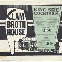 Menu: Clam Broth House, Marlin Room & Lounge, 30-38 Newark St., Hoboken, N.J. N.d., ca. 1980-1990.