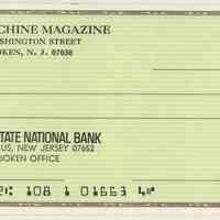 Bank check: Time Machine Magazine, 108 Washington St., Hoboken, N.J. 07030. Ca. 1976-1978.