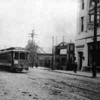 B+W photo of trolley on River Street near First St., Hoboken, n.d., ca. 1910-1915.