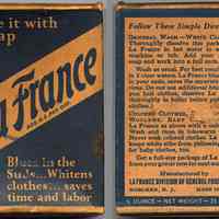 Box, sample size: La France [laundry additive] "Free Trial Size Not To Be Sold." 3/4 Oz. La France Div., General Foods, Hoboken, n.d., ca. 1930s.