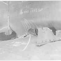 B+W photo detail of damage to the #4 wing tank starboard of an unknown ship, Hoboken, no date, ca. 1940.