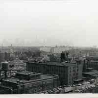 B+W photo of view looking southeast of factory buildings on Monroe & Jackson Sts., Hoboken, n.d., ca. 1965-1969.