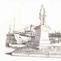 Greyscale Illustration of Sam Sloan at Erie Lackawanna Plaza, by Kevin McCloskey, circa 1986