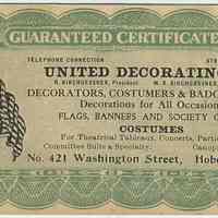 A facsimile reproduction of "Guaranteed Certificate" from the United Decoration Company, 421 Washington St., Hoboken, no date, ca. 1920