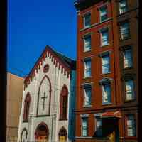 Color slide of eye-level view of façade of church building at 131 Garden and the row houses at 129 and 127 Garden