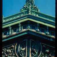 Color slide of detail view of the Lackawanna Terminal façade roofline showing pediment and cornice