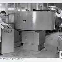 B+W photo of rotary accelerator test area at U.S. Testing Co. facility, Hoboken, n.d., ca. 1975-1980.