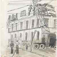 Drawing: Pencil study of the demolition of Stevens Hoboken Academy building by F. Guidici, Hoboken, no date, ca. late May,1976.