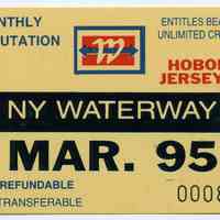 Tickets, transportation, 5: N.Y. Waterway Monthly Ferry Commutation tickets, Hoboken/Jersey City, 1995.