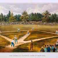 Color 4" x 5" transparency of the 1866 Currier & Ives print "The American National Game of Baseball", no date, ca. 1995.