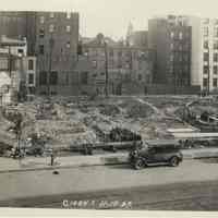 B+W photo of foundation preparation on the site for the Fabian Theatre, southeast corner of Newark & Washington Sts., Hoboken, Nov. 19, 1927.