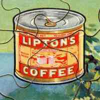          detail upper right: depiction of can Lipton's Coffee with Hoboken building
   