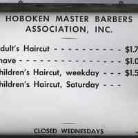 Barber shop union price cards, two, framed; from shop operated by Nick Balassone, 1106 Washington St., Hoboken, N.J.; ca. 1954-1968.