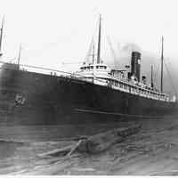 B+W photo of port bow view of SS City of Savannah, sitting outside drydock, Hoboken, no date, ca. 1940