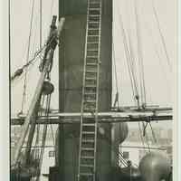          B+W photo print as postcard view of a funnel with wood work ladder leaning against it, no date, ca. 1940. picture number 1
   