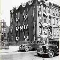 B+W photo of Knights of Columbus clubhouse decorated for 40th anniversary, 716 Hudson St., Hoboken, 1936.