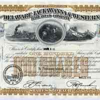 Stock certificate: Delaware, Lackawanna & Western Railroad Company, Penn., 100 Shares Capital Stock issued N.Y. to Bache & Co., N.Y., Aug. 25, 1955. Cancelled Nov. 29, 1960.