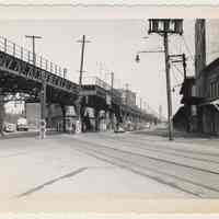          B+W photo of elevated streetcar station at Newark St., Observer Hwy. & Henderson St. Hoboken, Apr. 24, 1949. picture number 1
   