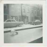 B+W photo of snow on Willow Terrace taken through a window, Hoboken, no date, ca. 1965.