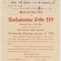 Invitation to Mask & Civic Ball of Lackawanna Tribe 249, Improved Order of Red Men, Odd Fellows